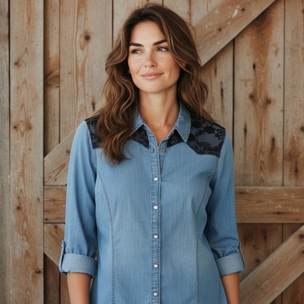 Vintage Y2K Denim Shirt with Pearl snaps Lace detail Light Slate Blue